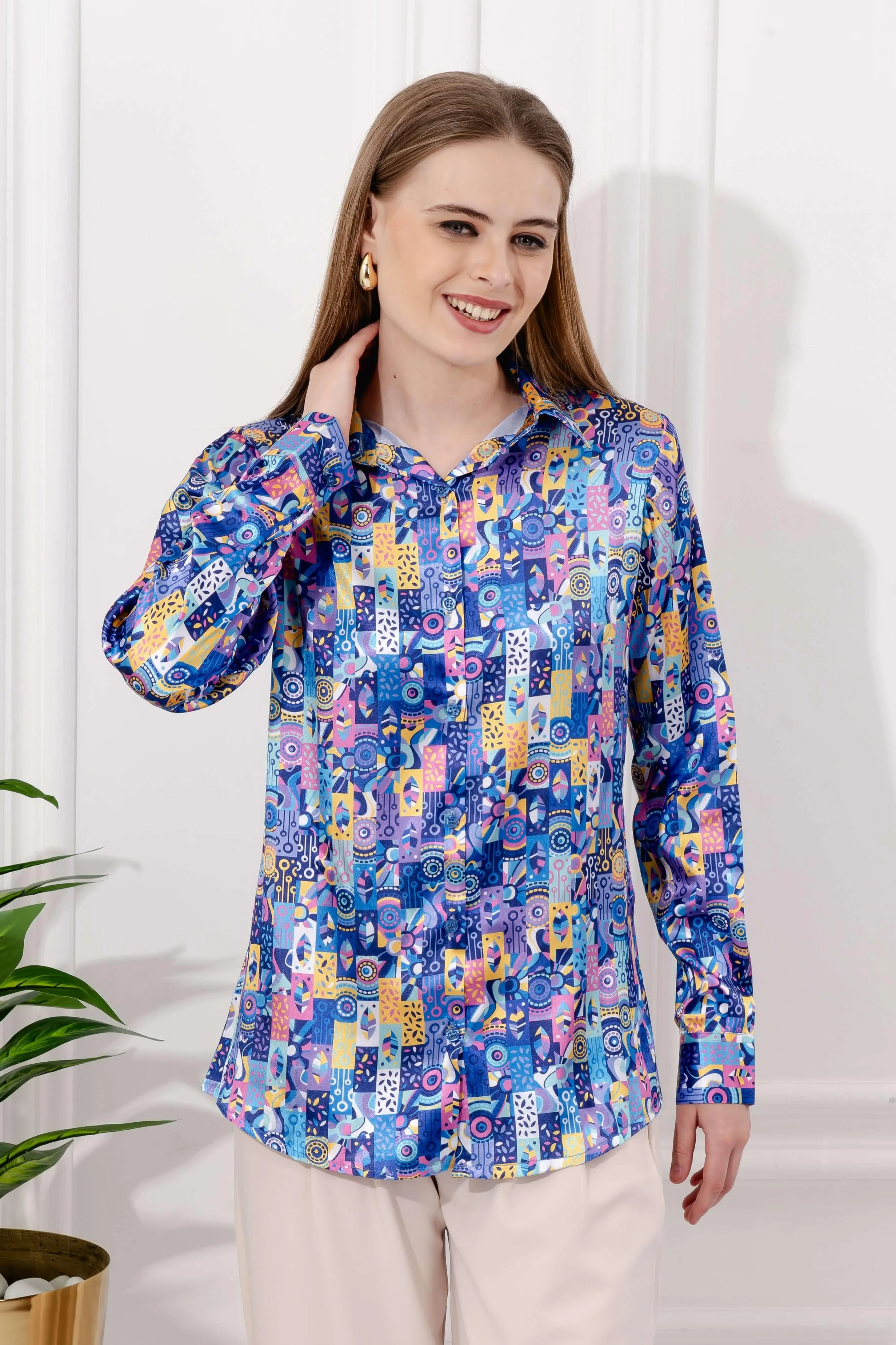 Multicolor Art Printed Satin Shirt