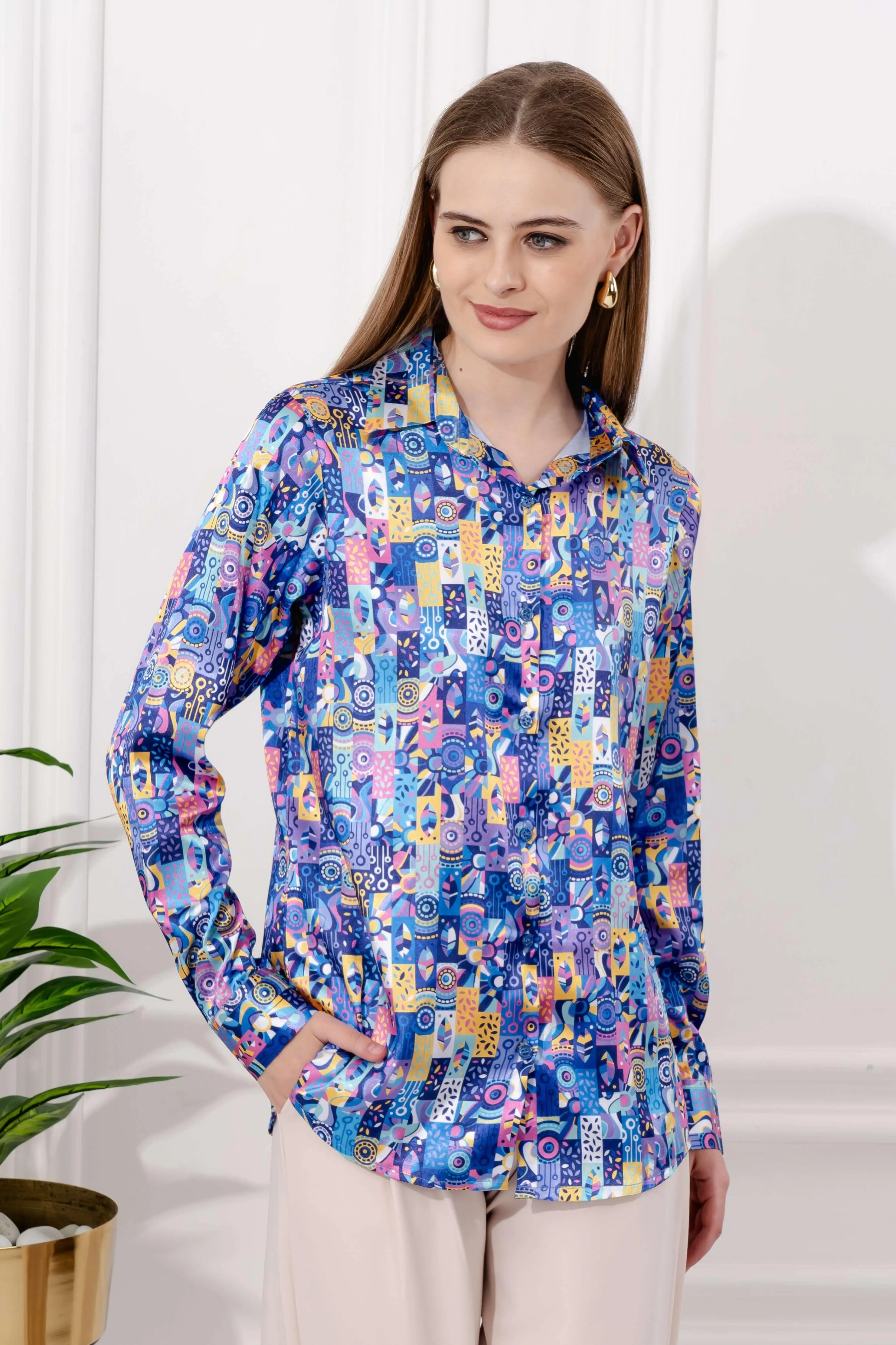 Multicolor Art Printed Satin Shirt
