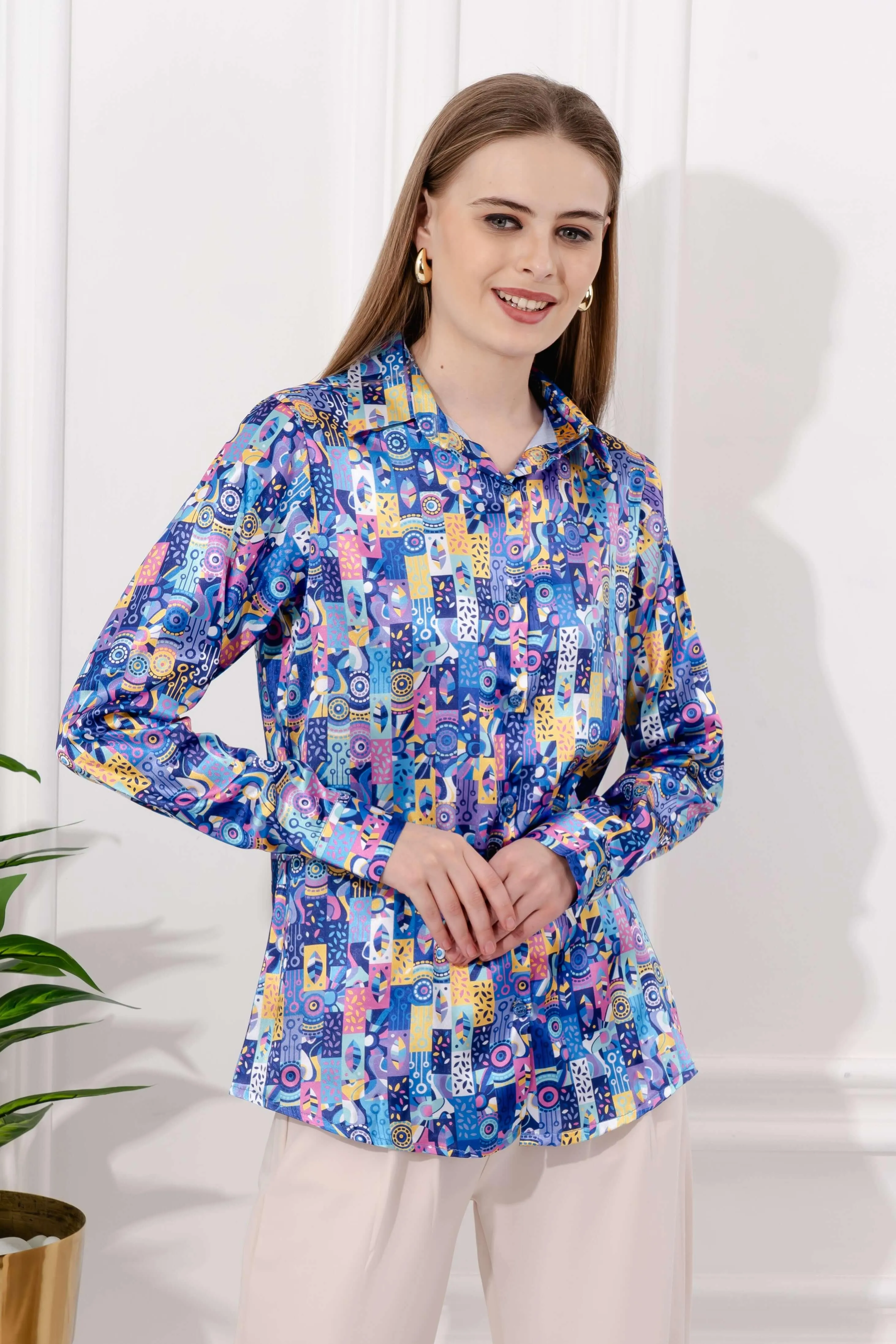 Multicolor Art Printed Satin Shirt
