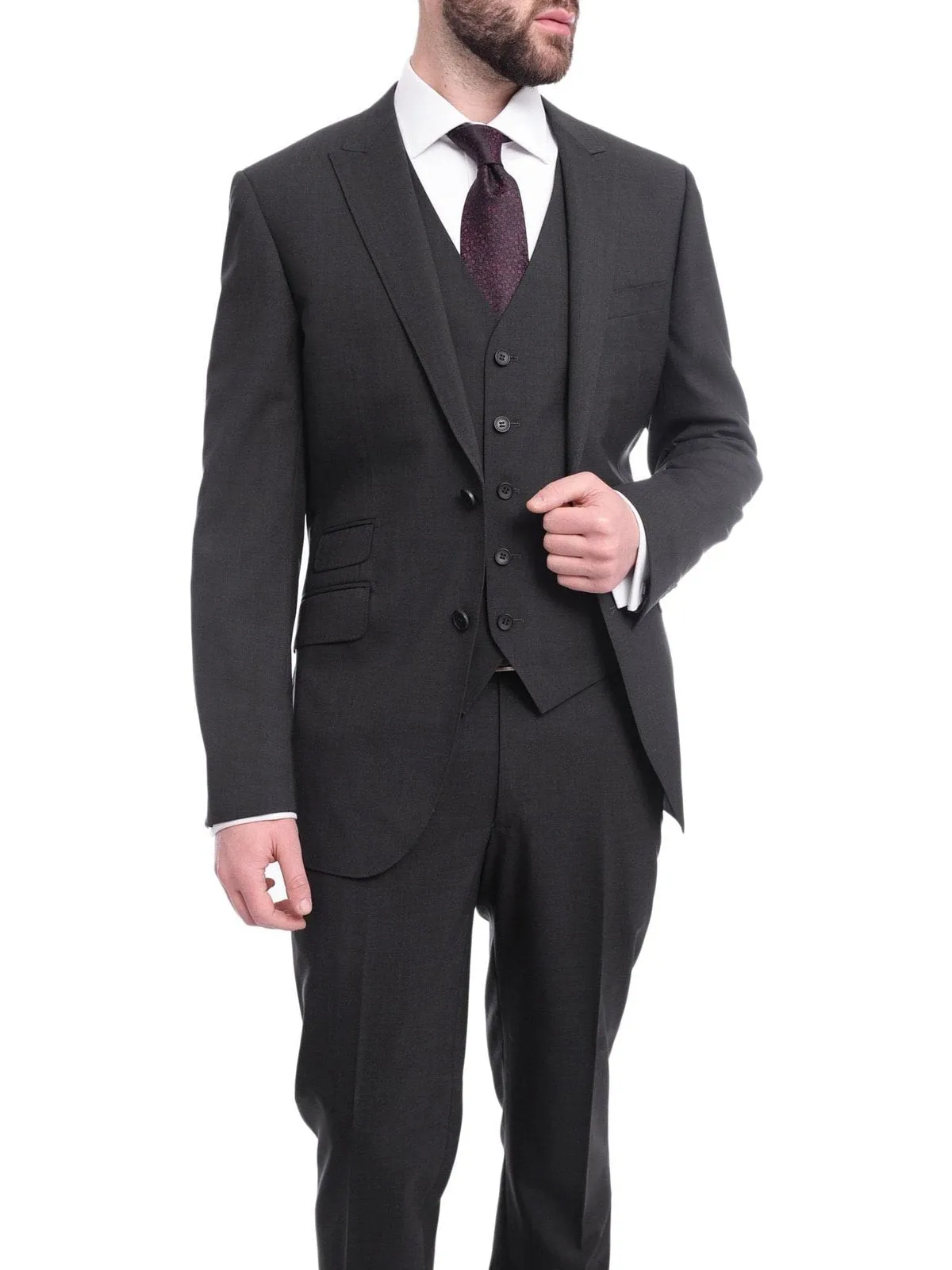 Napoli Slim Fit Solid Charcoal Two Button Half Canvassed Marzotto Wool Suit