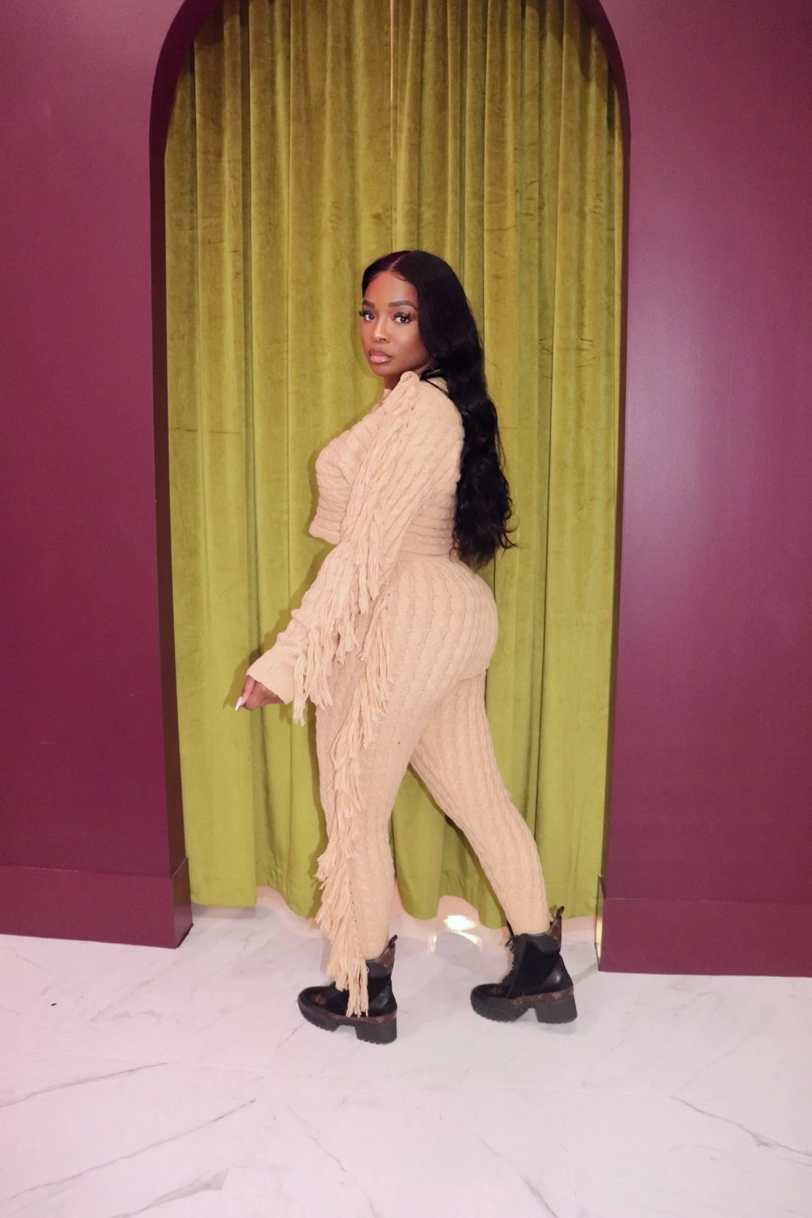 Nude sweater fringe set