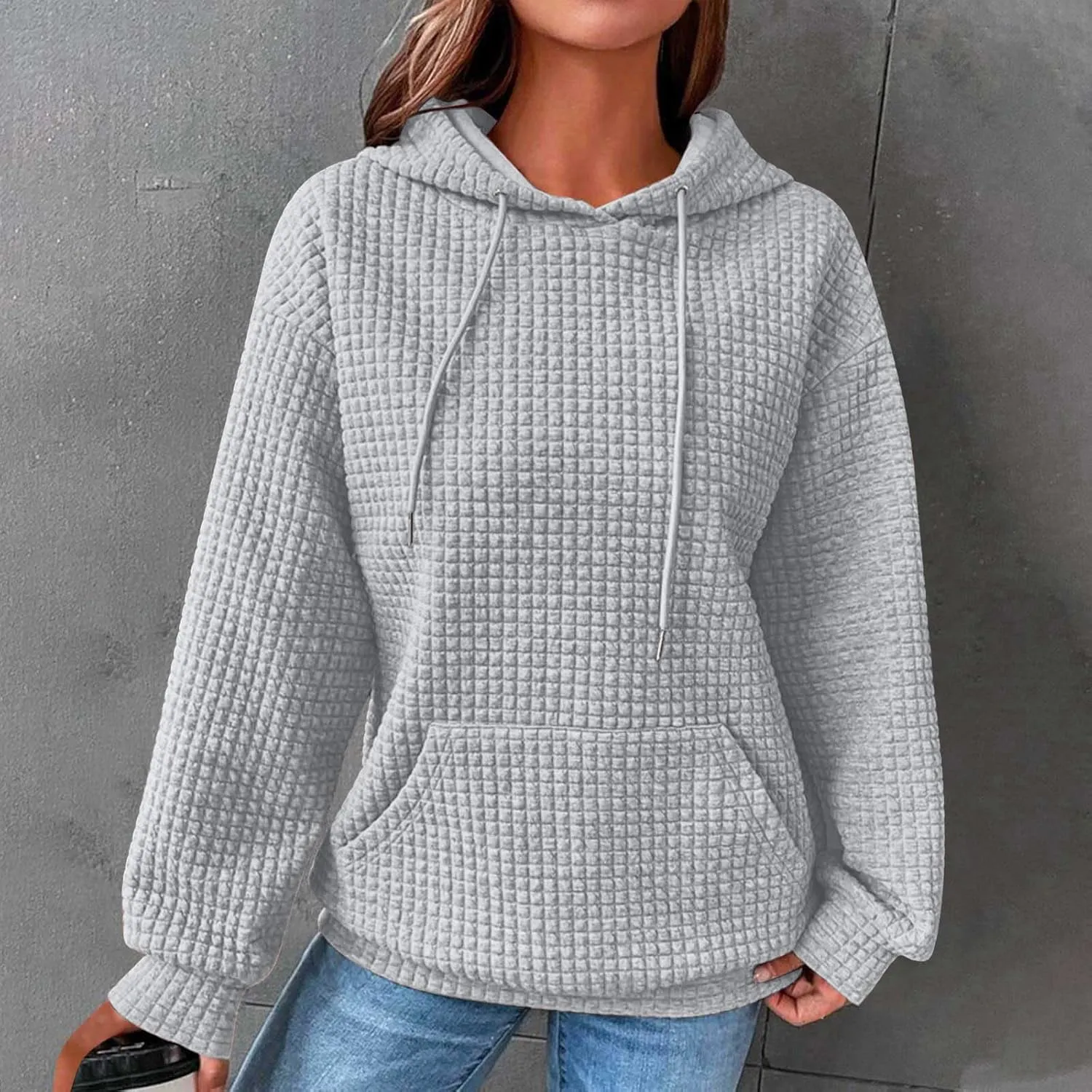 Oversized Hoodies for Women Waffle Pullover Casual Loose Fit Hooded Sweatshirt Long Sleeve Drawstring Tops