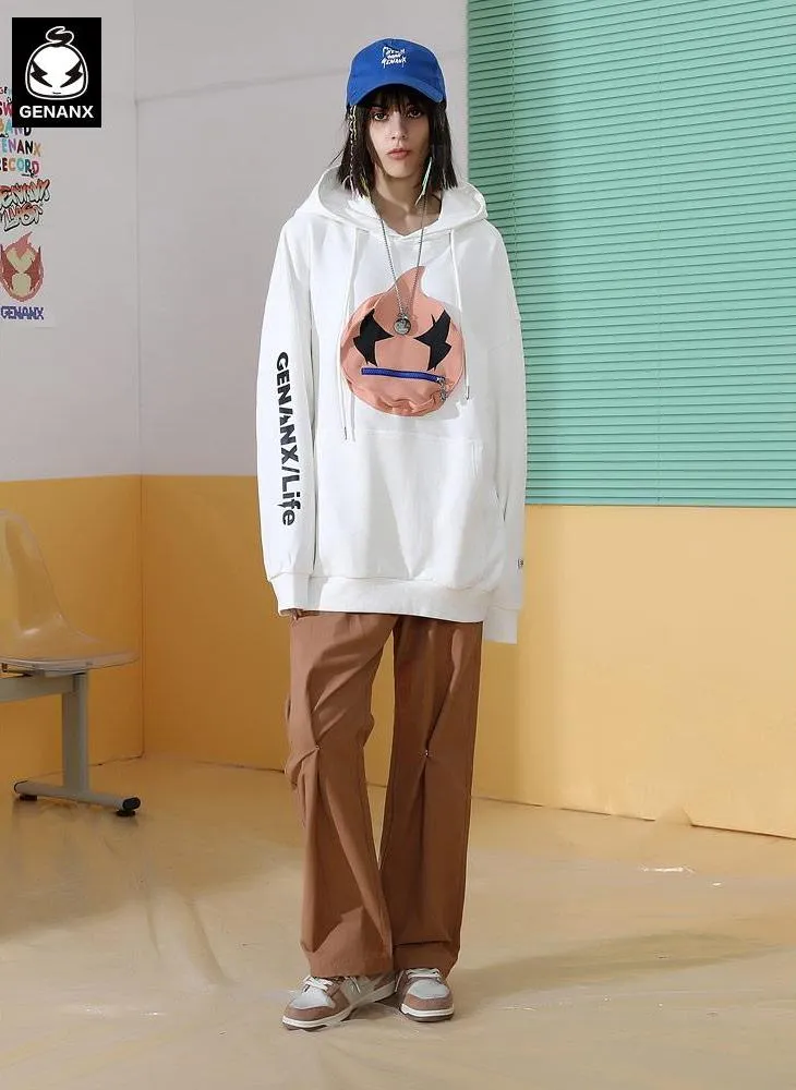 Patch Pocket Zipper Chest Bag Print Hooded Drop Shoulder Sleeves Cotton Sweatshirt