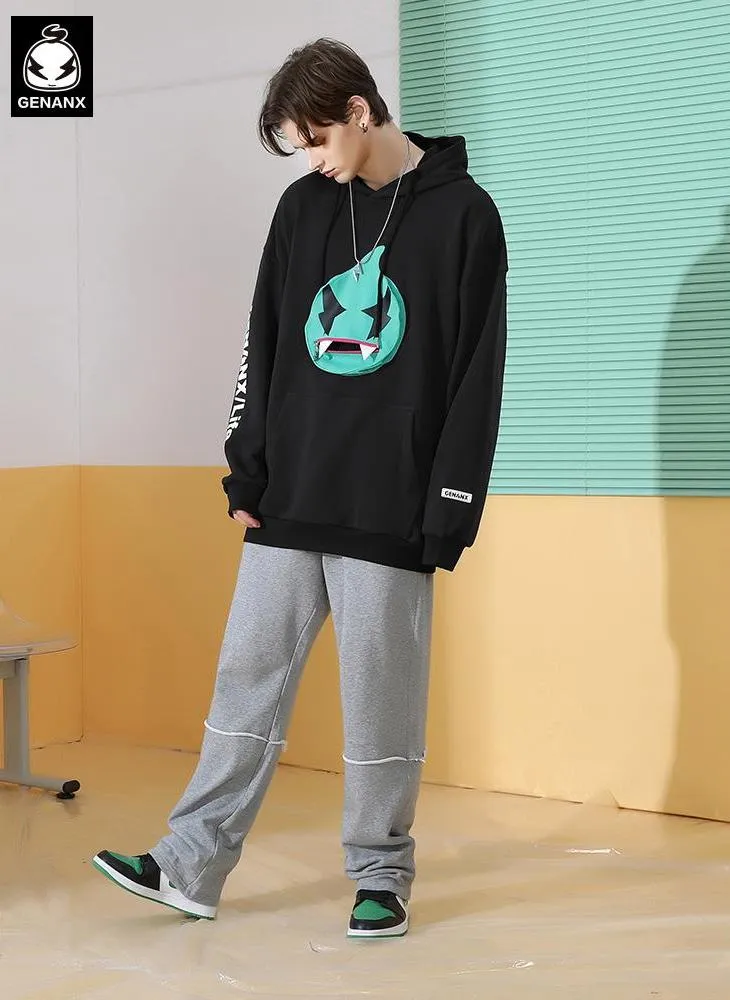 Patch Pocket Zipper Chest Bag Print Hooded Drop Shoulder Sleeves Cotton Sweatshirt