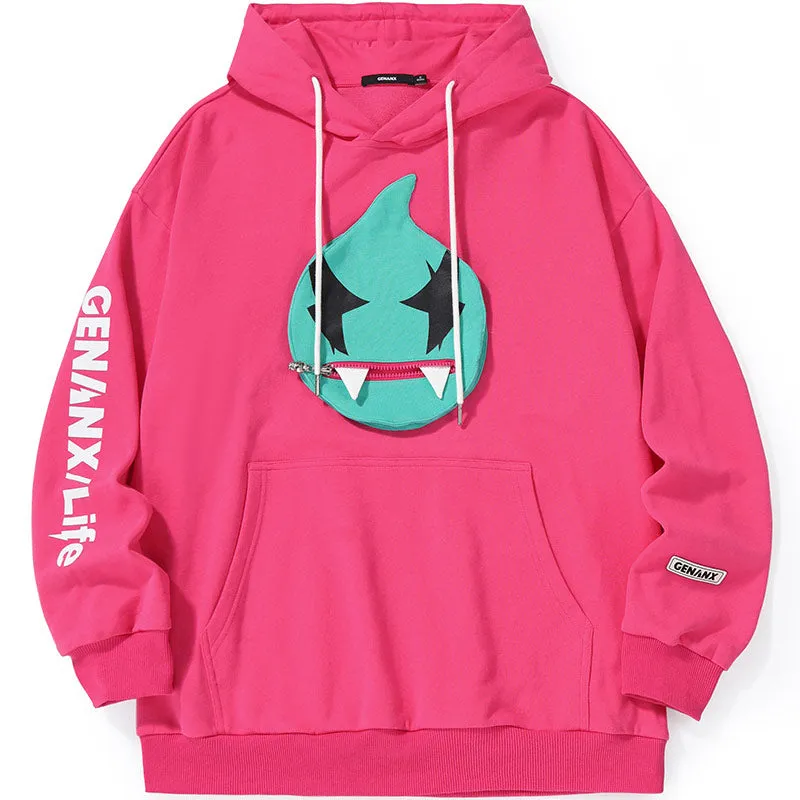 Patch Pocket Zipper Chest Bag Print Hooded Drop Shoulder Sleeves Cotton Sweatshirt