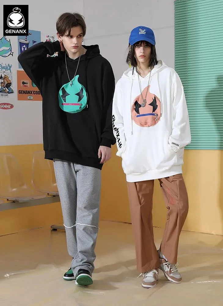 Patch Pocket Zipper Chest Bag Print Hooded Drop Shoulder Sleeves Cotton Sweatshirt