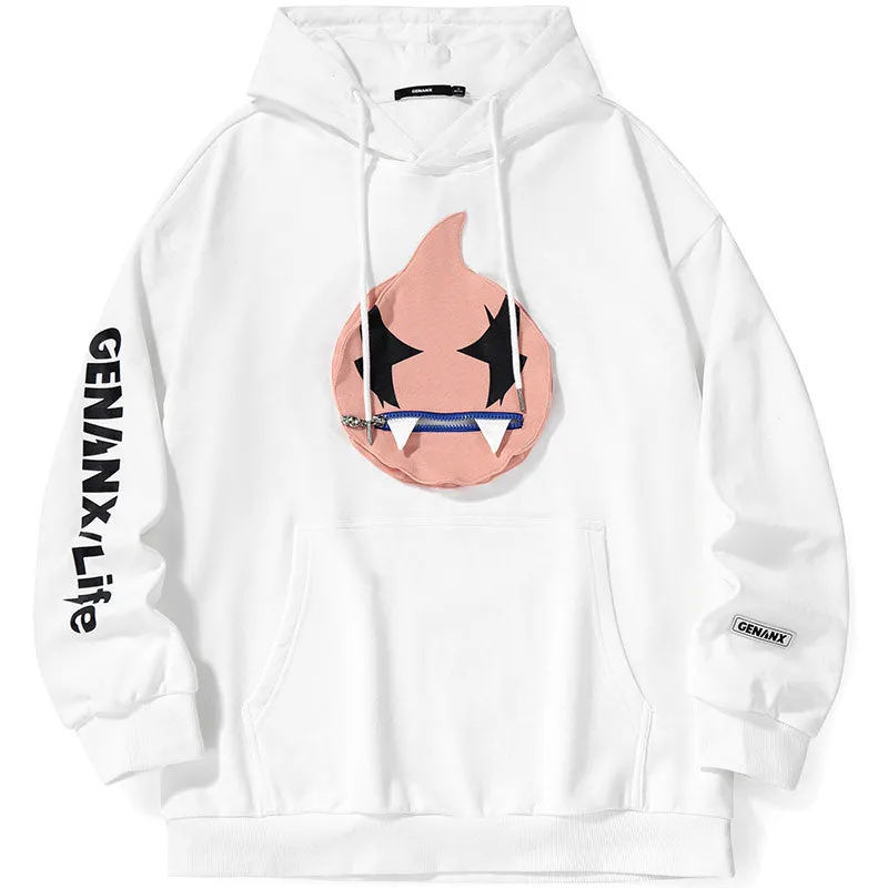 Patch Pocket Zipper Chest Bag Print Hooded Drop Shoulder Sleeves Cotton Sweatshirt