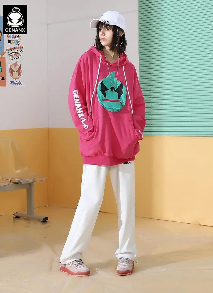 Patch Pocket Zipper Chest Bag Print Hooded Drop Shoulder Sleeves Cotton Sweatshirt