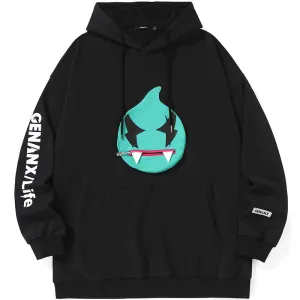 Patch Pocket Zipper Chest Bag Print Hooded Drop Shoulder Sleeves Cotton Sweatshirt