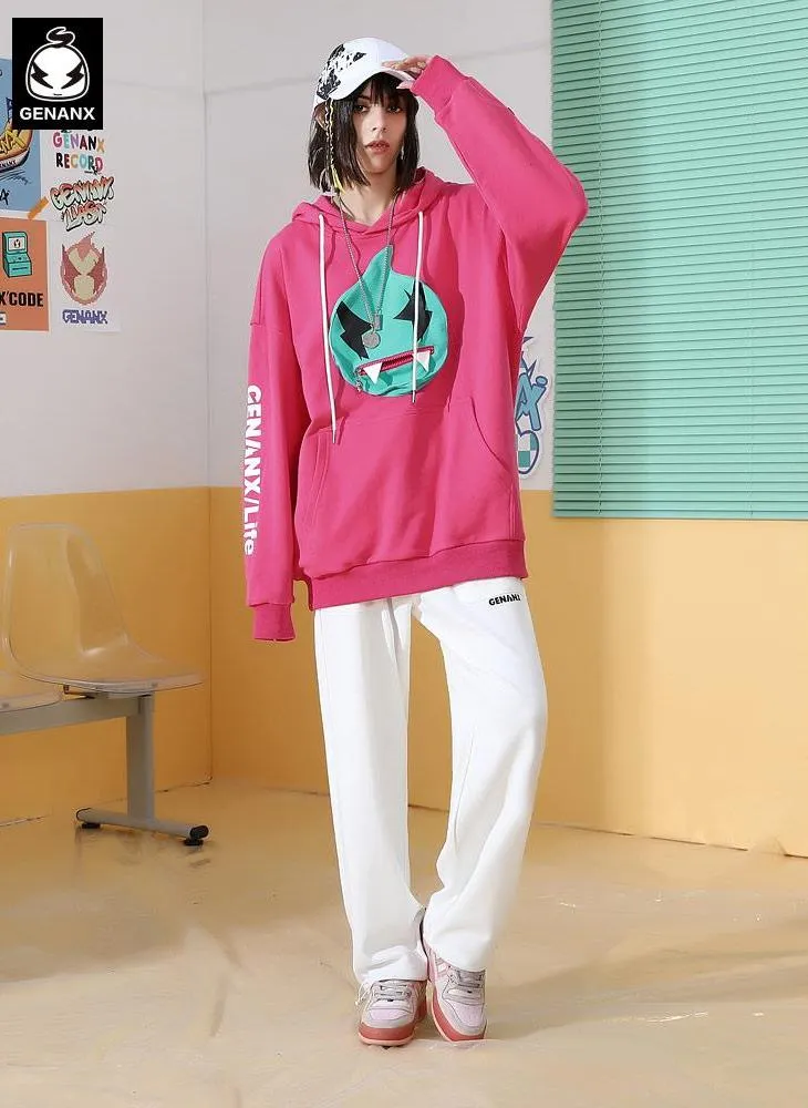 Patch Pocket Zipper Chest Bag Print Hooded Drop Shoulder Sleeves Cotton Sweatshirt