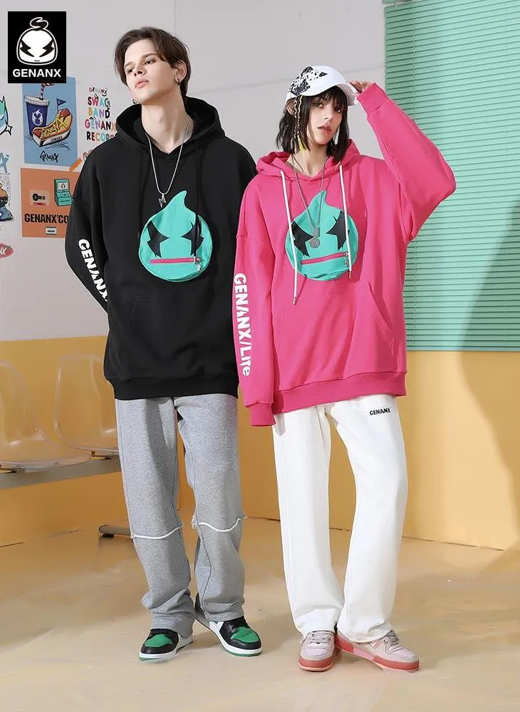 Patch Pocket Zipper Chest Bag Print Hooded Drop Shoulder Sleeves Cotton Sweatshirt
