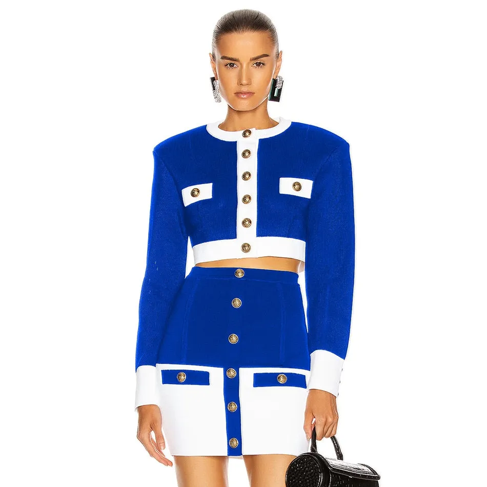 Patchwork O Neck Mini Jackets Bandage Skirt Sets