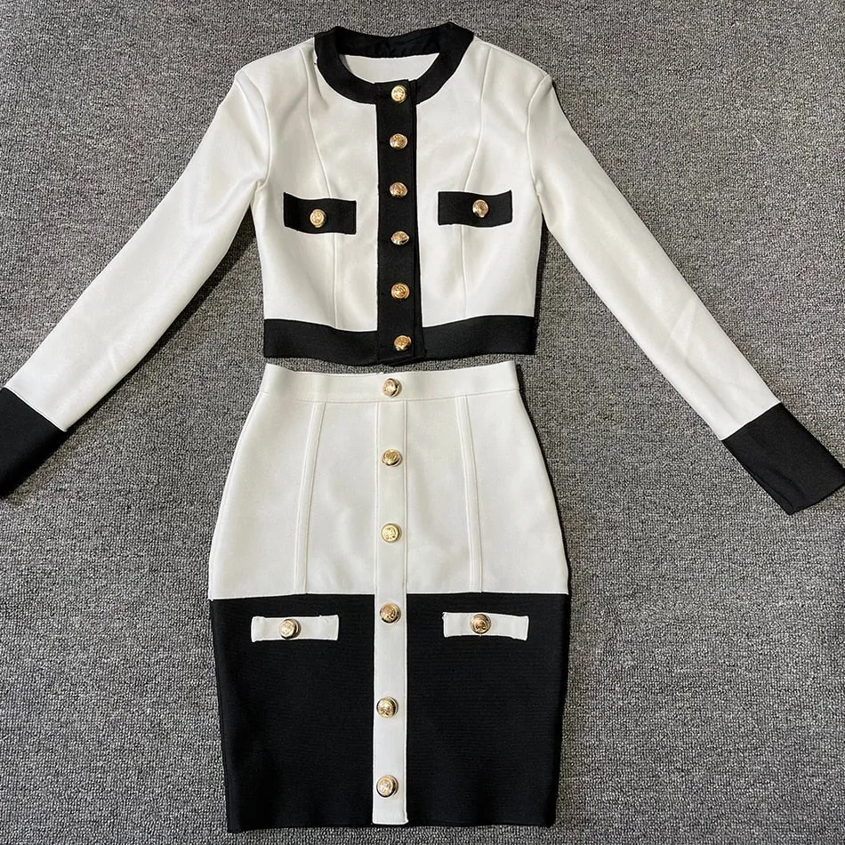 Patchwork O Neck Mini Jackets Bandage Skirt Sets