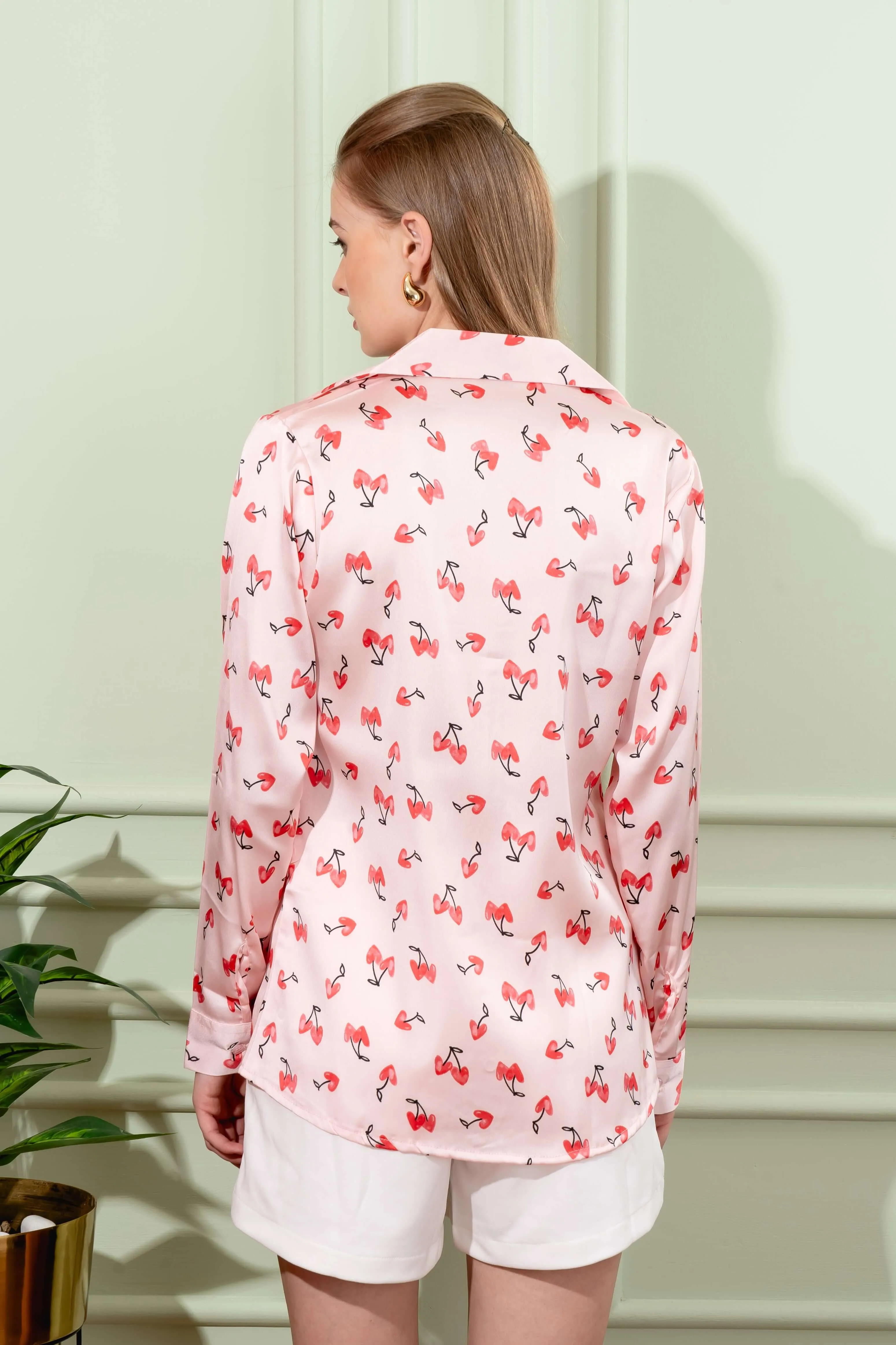 Pink Printed Shirt: Baby Pink Cherry Heart Print