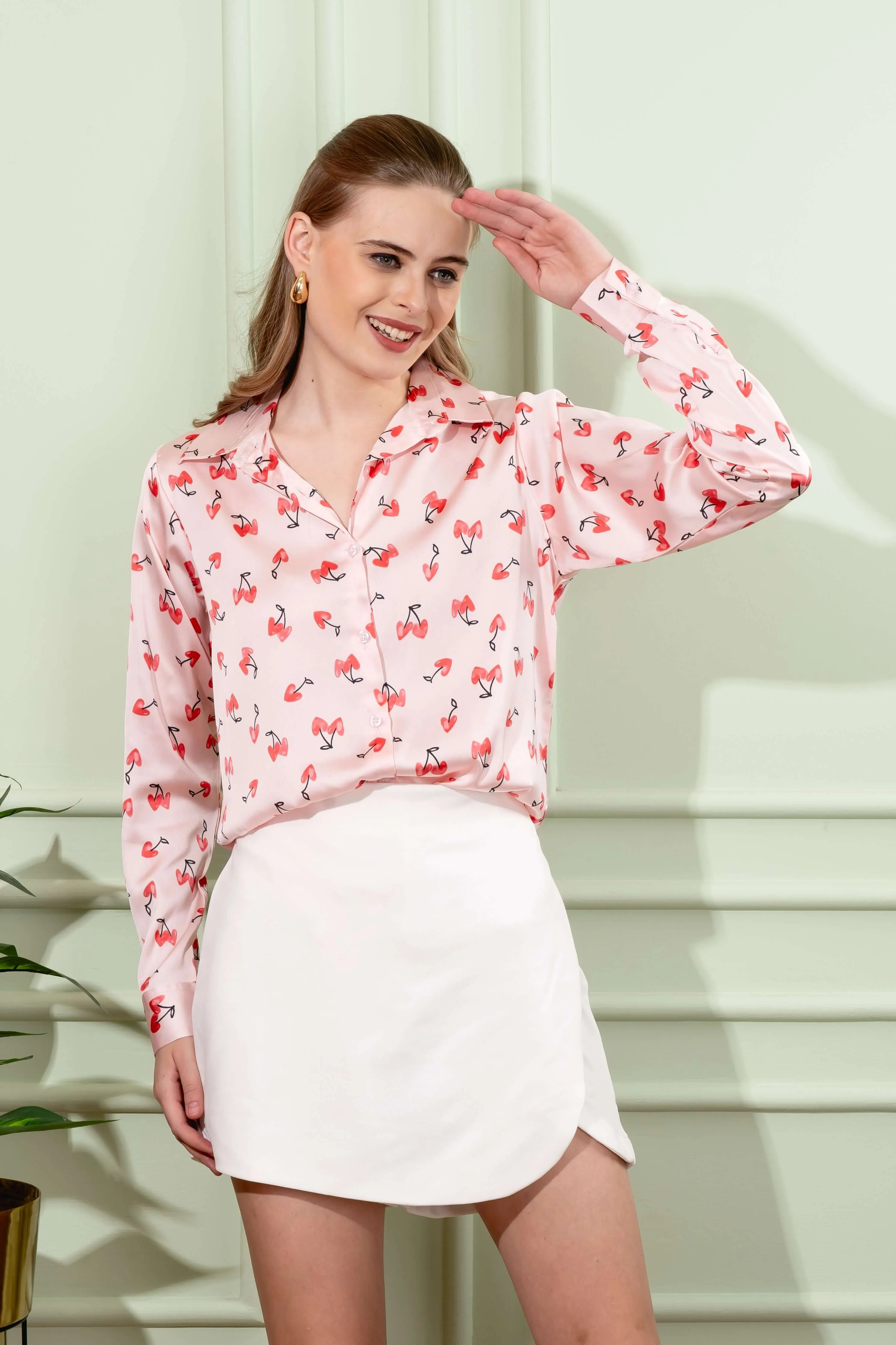 Pink Printed Shirt: Baby Pink Cherry Heart Print