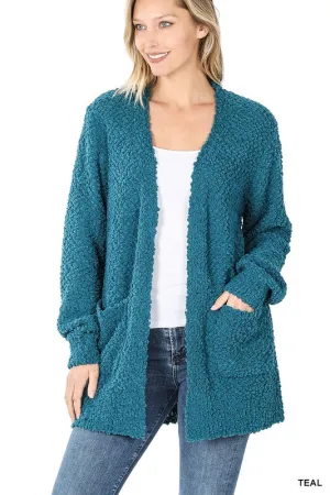 Puff Sleeve Popcorn Cardigan With Pockets - Zenana