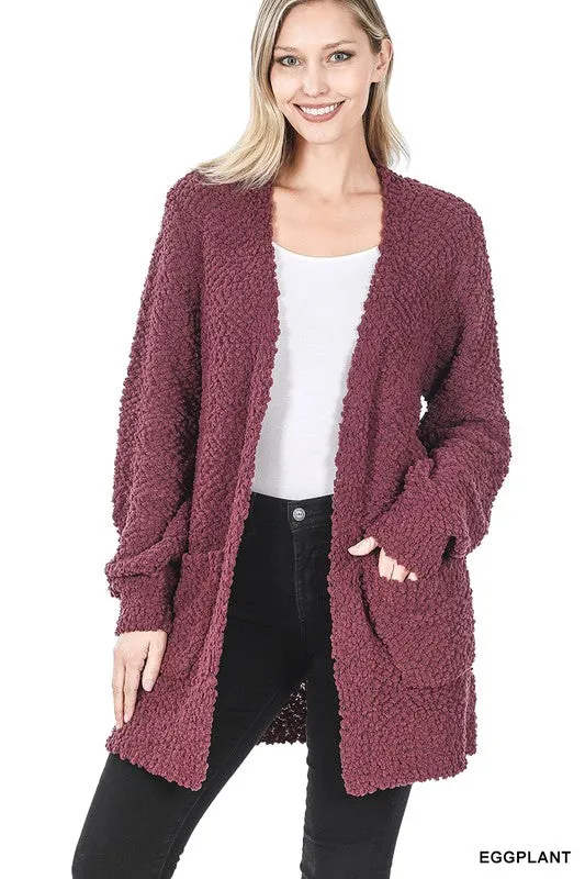 Puff Sleeve Popcorn Cardigan With Pockets - Zenana
