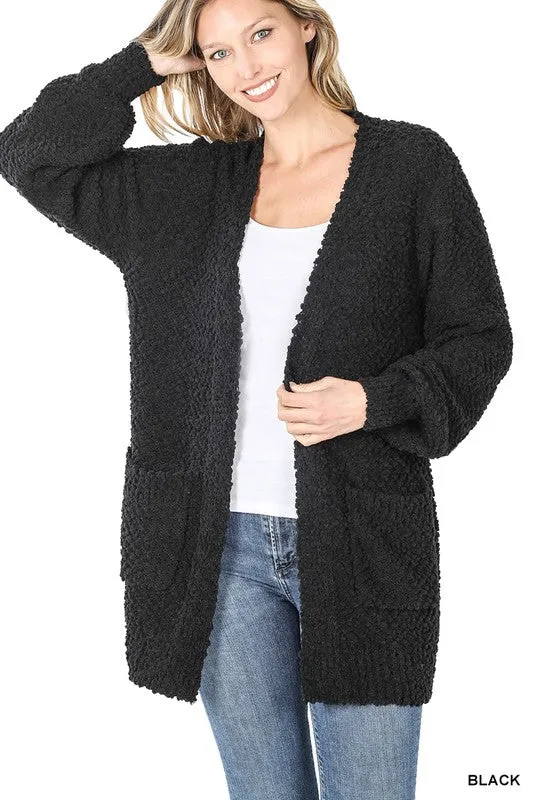 Puff Sleeve Popcorn Cardigan With Pockets - Zenana