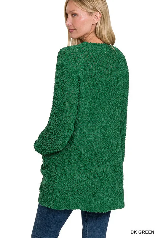 Puff Sleeve Popcorn Cardigan With Pockets - Zenana