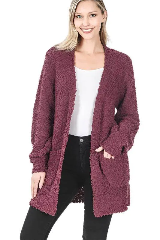 Puff Sleeve Popcorn Cardigan With Pockets