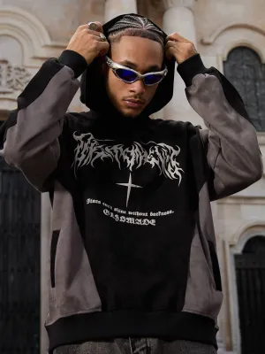 Thesupermade Flame Cross Patchwork Spliced Hoodie