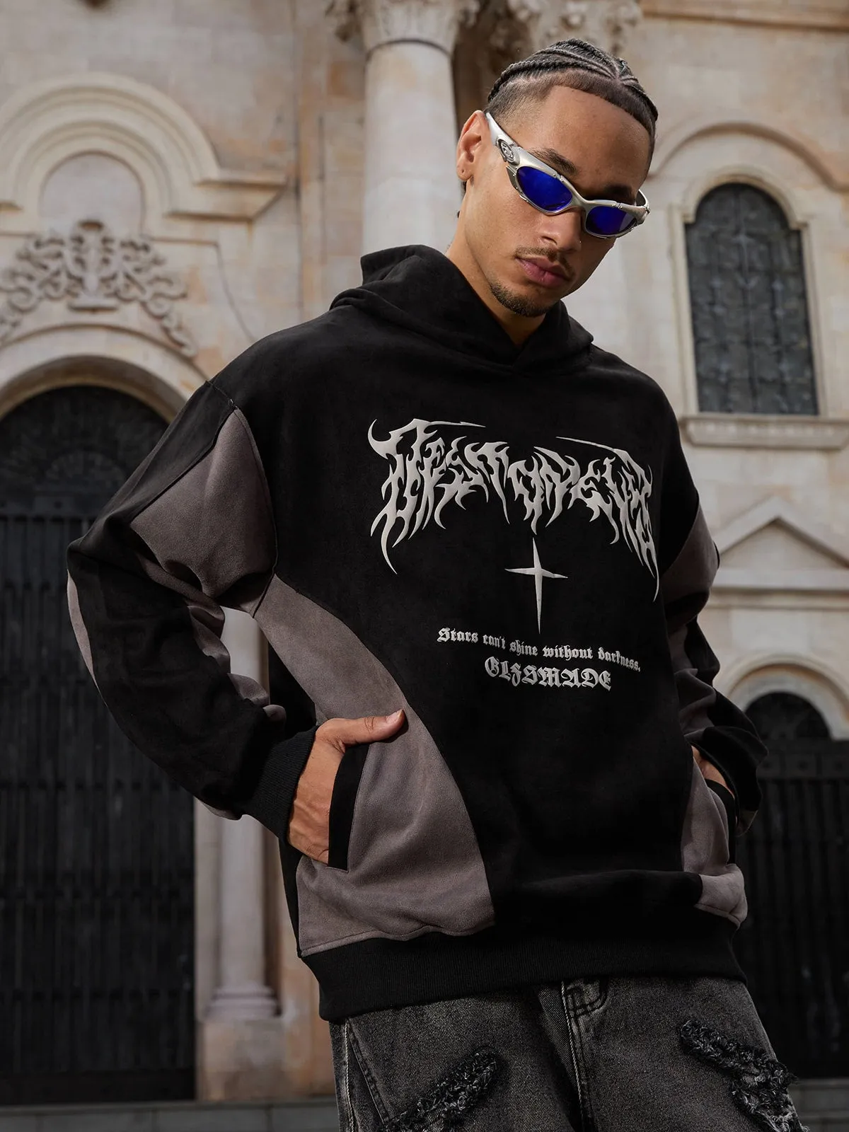 Thesupermade Flame Cross Patchwork Spliced Hoodie