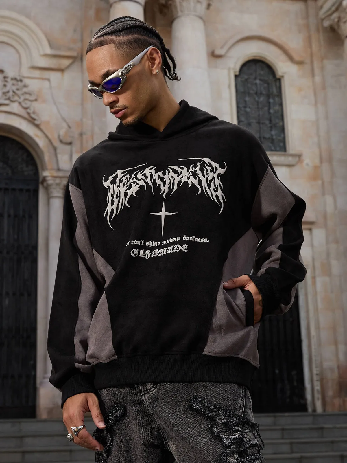 Thesupermade Flame Cross Patchwork Spliced Hoodie