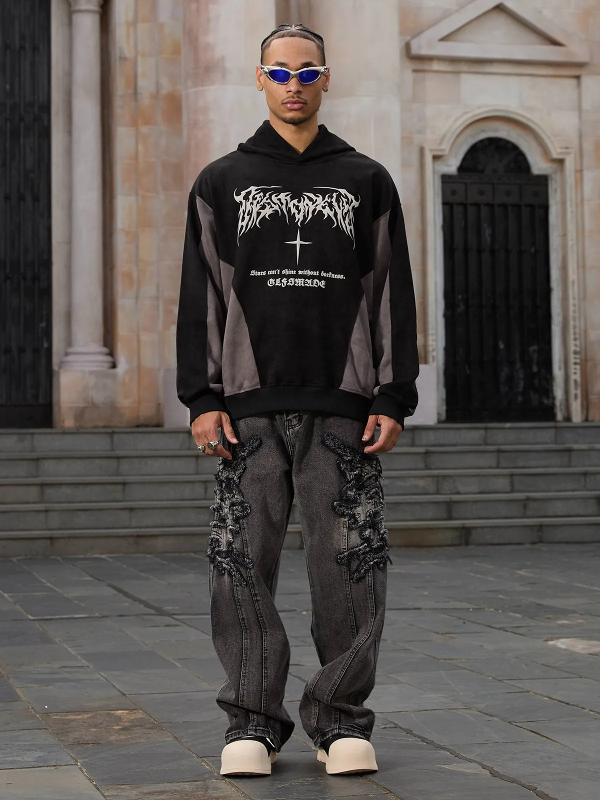 Thesupermade Flame Cross Patchwork Spliced Hoodie