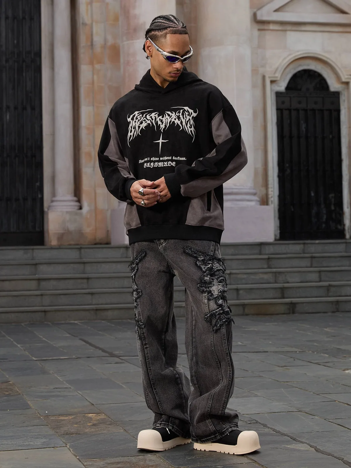 Thesupermade Flame Cross Patchwork Spliced Hoodie