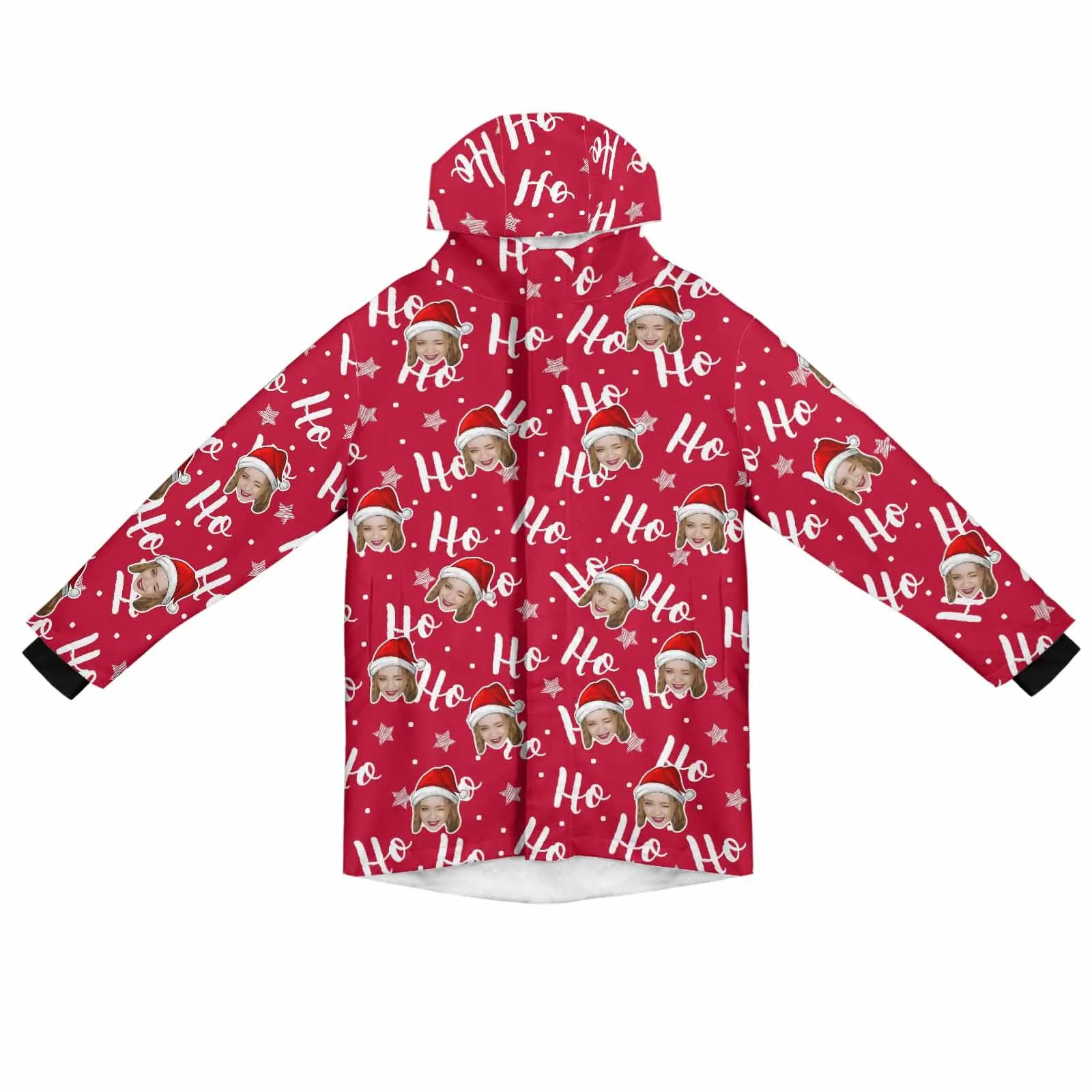 [Thick and Warm] Custom Face Ho Ho Ho Mid-length Fleece-lined Jacket Men's Full Zip Hoodie Christmas Gift