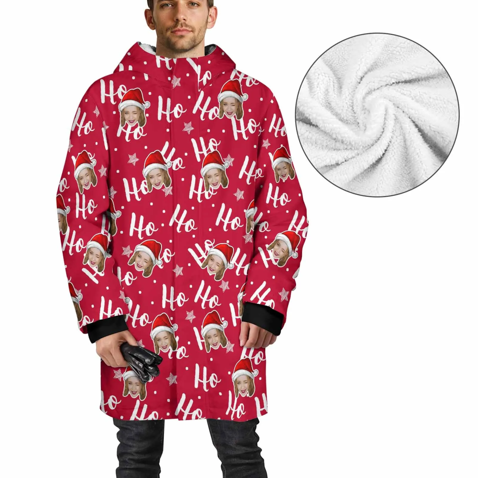 [Thick and Warm] Custom Face Ho Ho Ho Mid-length Fleece-lined Jacket Men's Full Zip Hoodie Christmas Gift