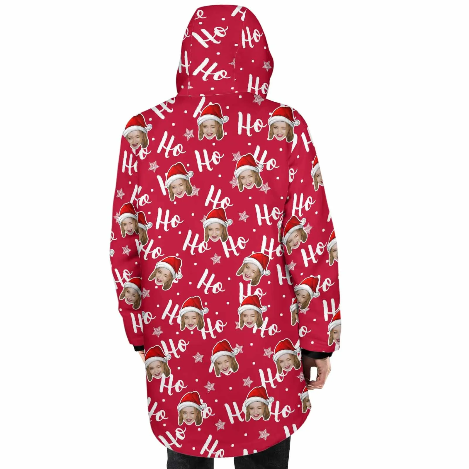 [Thick and Warm] Custom Face Ho Ho Ho Mid-length Fleece-lined Jacket Men's Full Zip Hoodie Christmas Gift