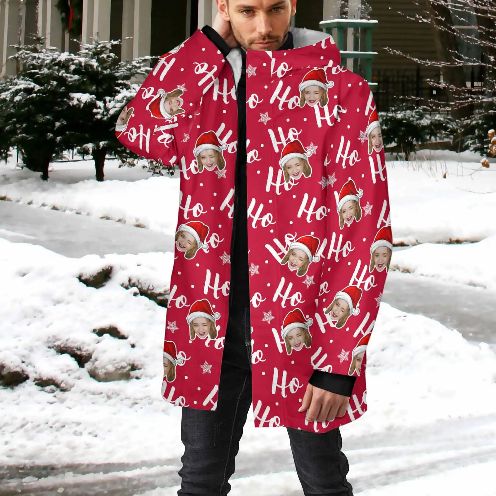 [Thick and Warm] Custom Face Ho Ho Ho Mid-length Fleece-lined Jacket Men's Full Zip Hoodie Christmas Gift