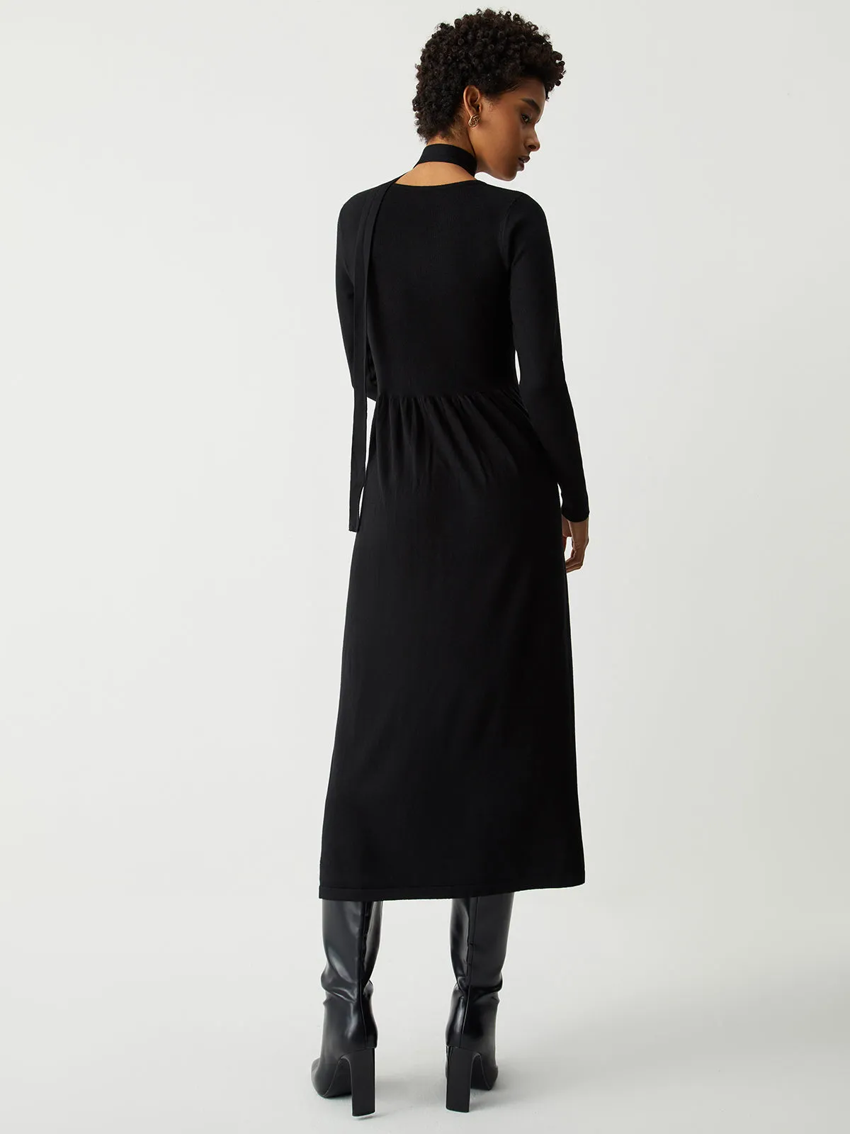 Tie Decor Long Trendy Sleeve Midi Sweater Dress