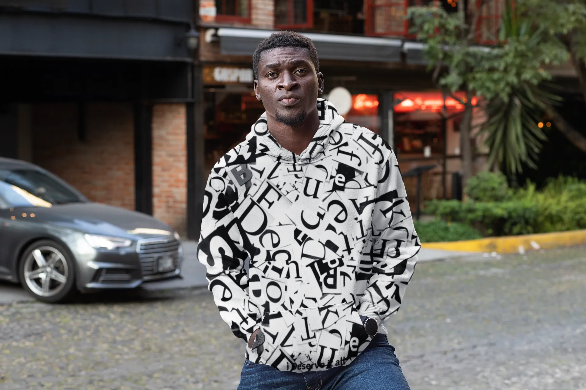 Unisex Black and White Creative Font Hoodie with Kangaroo Pockets, Unique Sleek and Comfortable