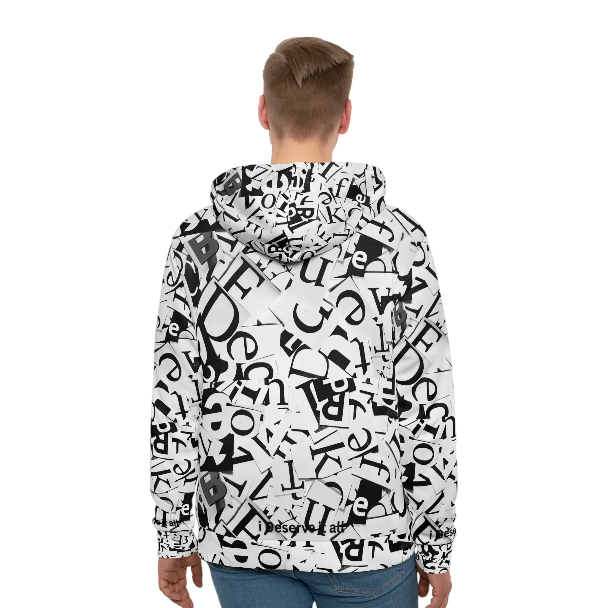 Unisex Black and White Creative Font Hoodie with Kangaroo Pockets, Unique Sleek and Comfortable