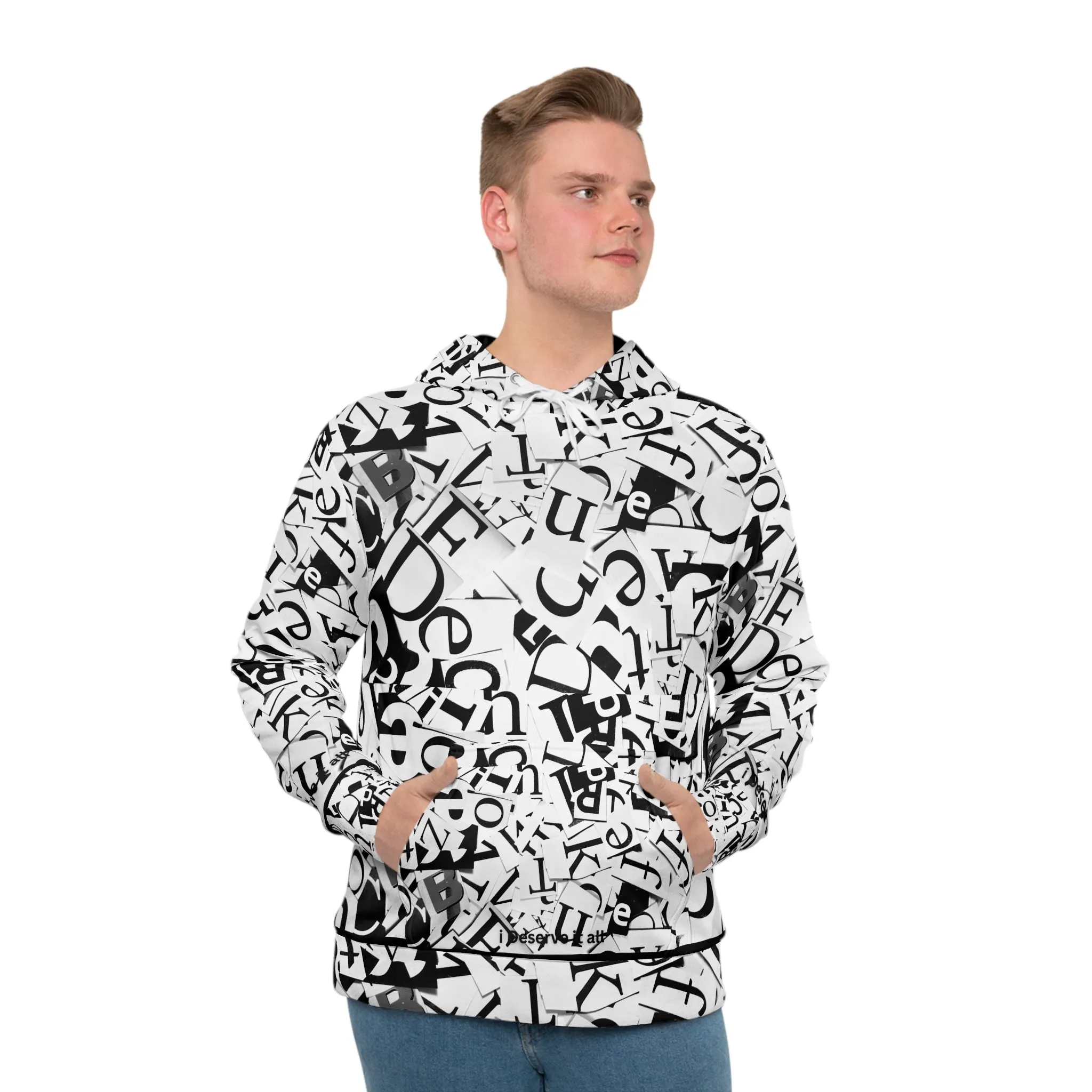 Unisex Black and White Creative Font Hoodie with Kangaroo Pockets, Unique Sleek and Comfortable