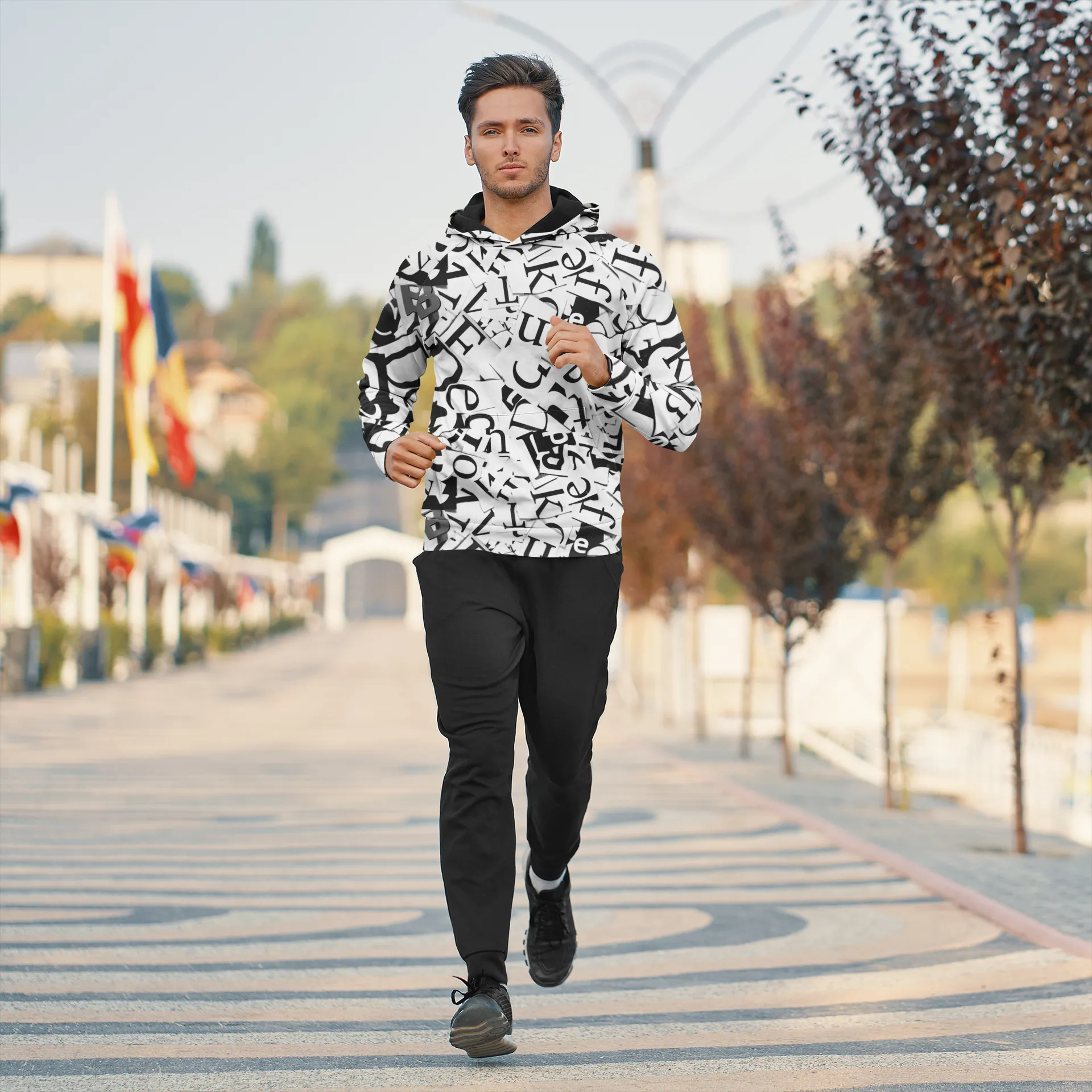 Unisex Black and White Creative Font Hoodie with Kangaroo Pockets, Unique Sleek and Comfortable