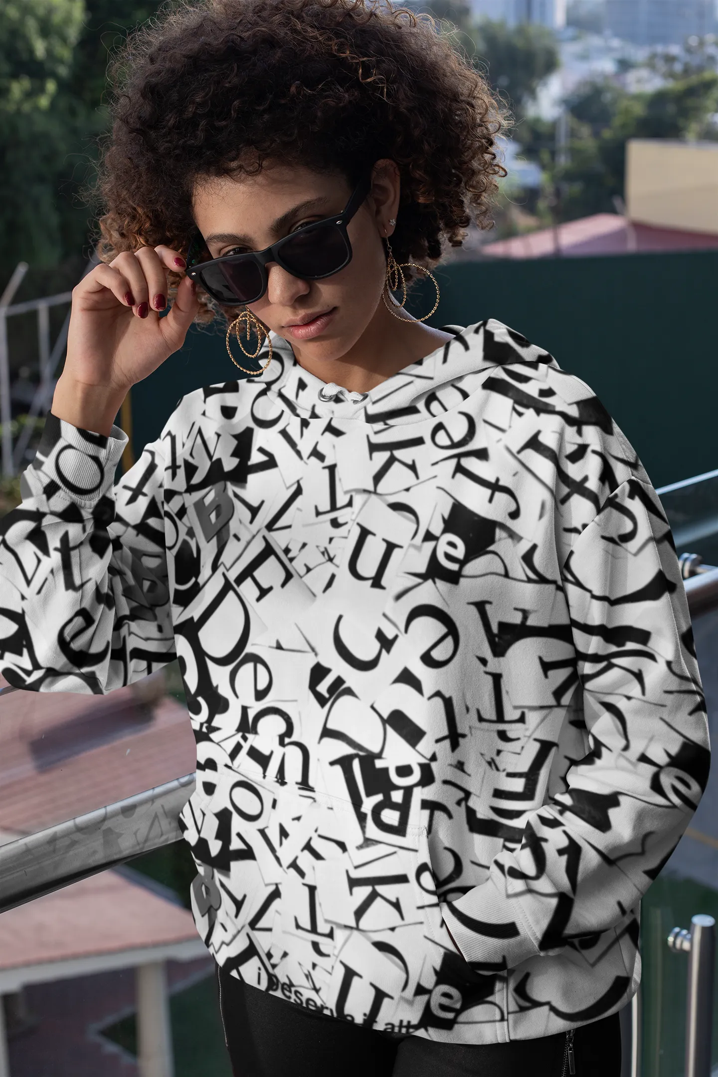 Unisex Black and White Creative Font Hoodie with Kangaroo Pockets, Unique Sleek and Comfortable