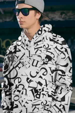 Unisex Black and White Creative Font Hoodie with Kangaroo Pockets, Unique Sleek and Comfortable