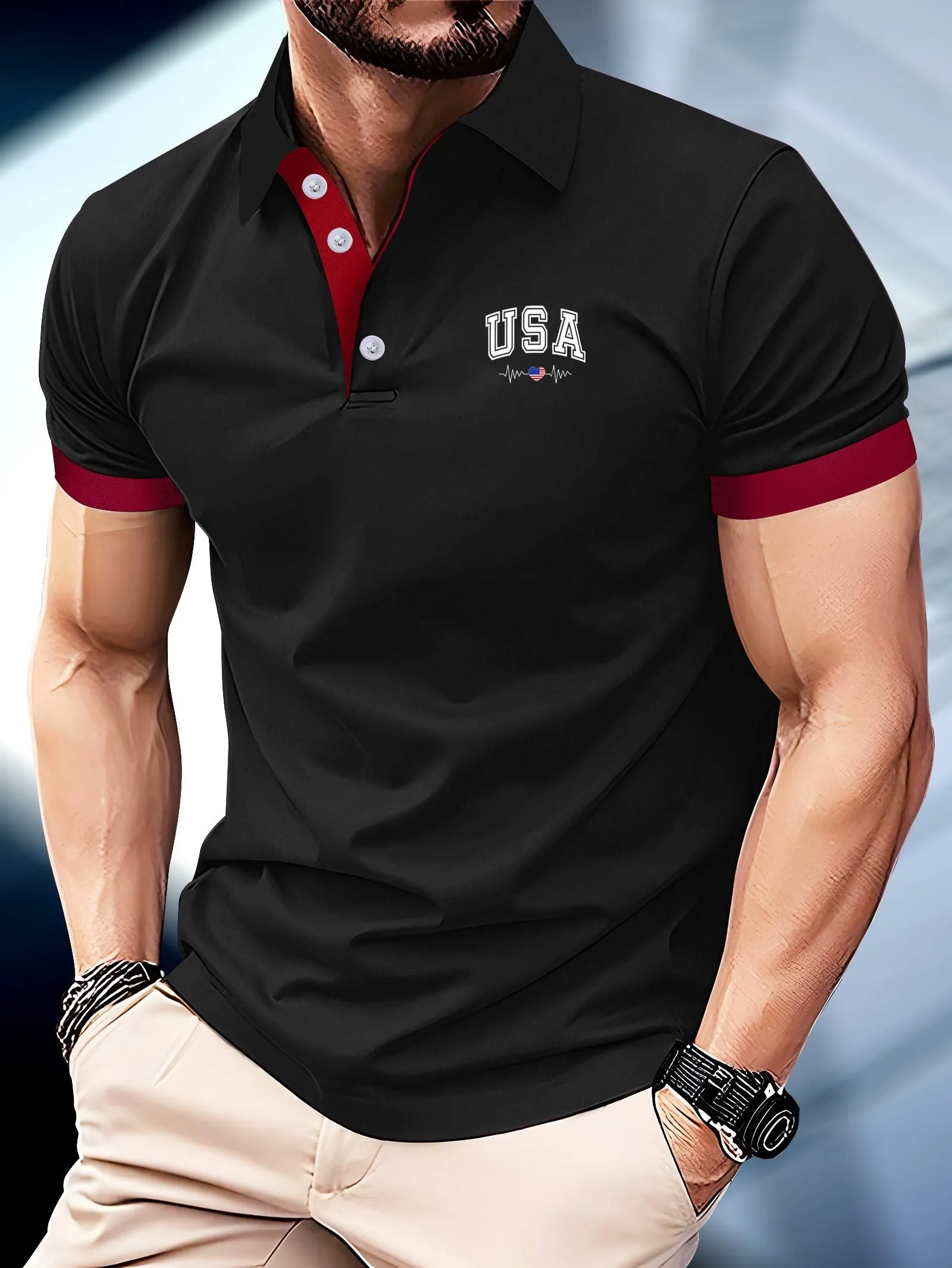 USA Heart Print Mens Golf Shirt Stylish Summer Comfort
