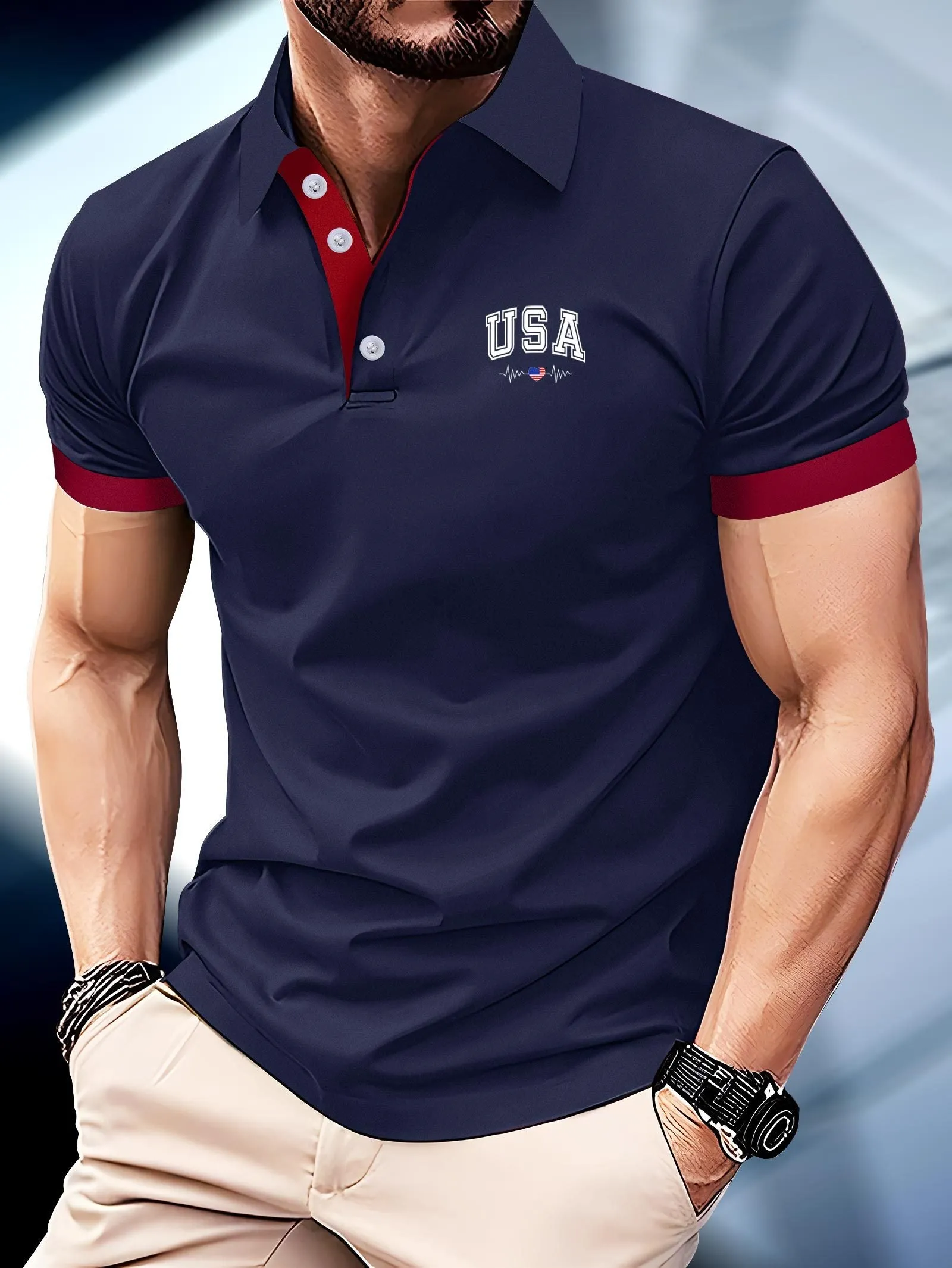 USA Heart Print Mens Golf Shirt Stylish Summer Comfort
