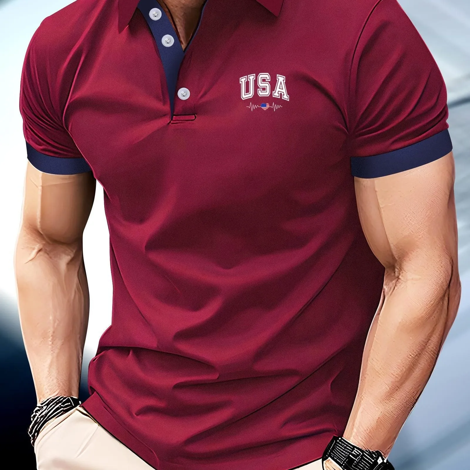 USA Heart Print Mens Golf Shirt Stylish Summer Comfort