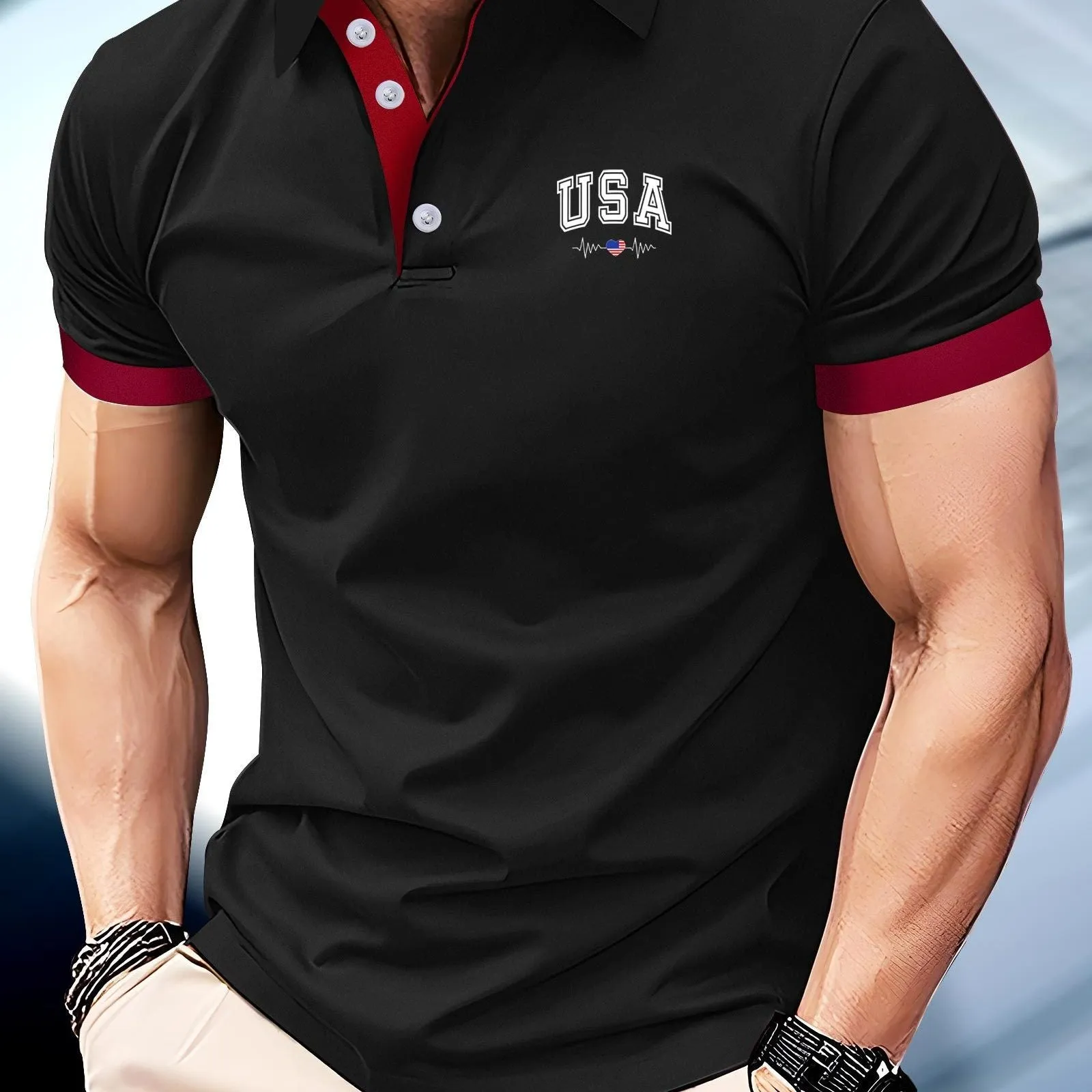 USA Heart Print Mens Golf Shirt Stylish Summer Comfort