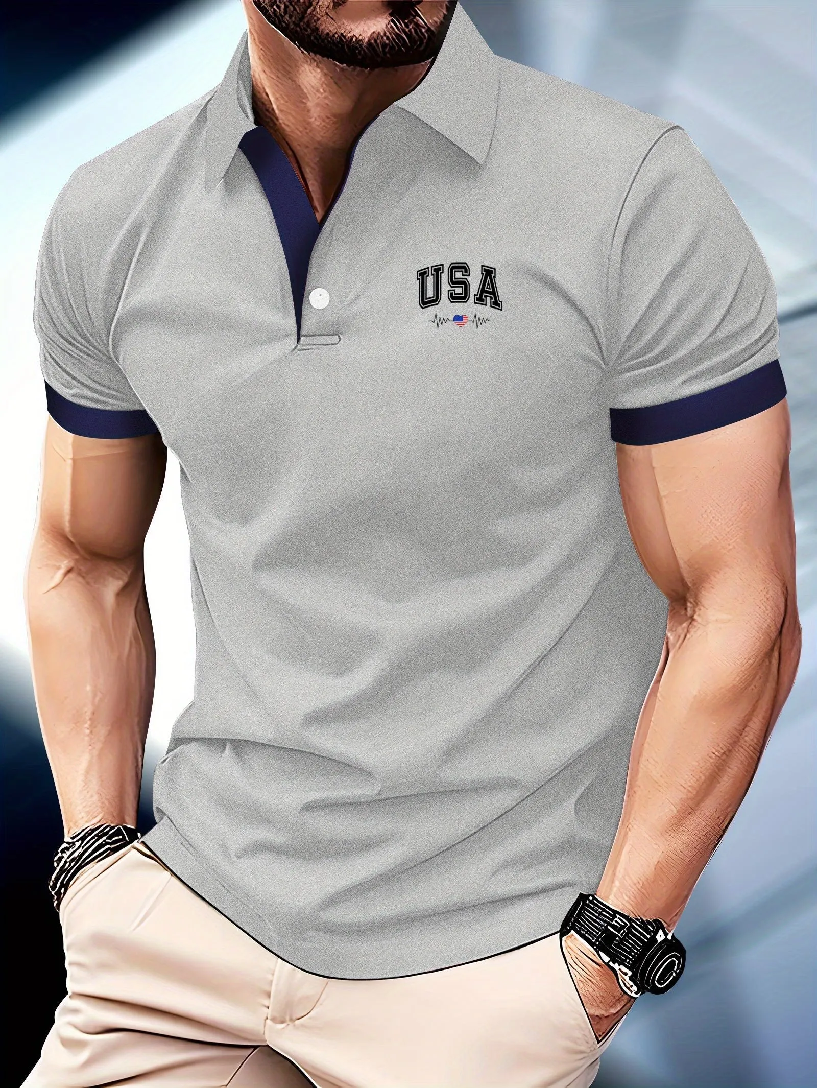 USA Heart Print Mens Golf Shirt Stylish Summer Comfort