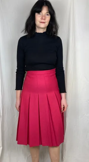 Vintage 80s Hot Pink Pleated Wool Midi Skirt - Size 8