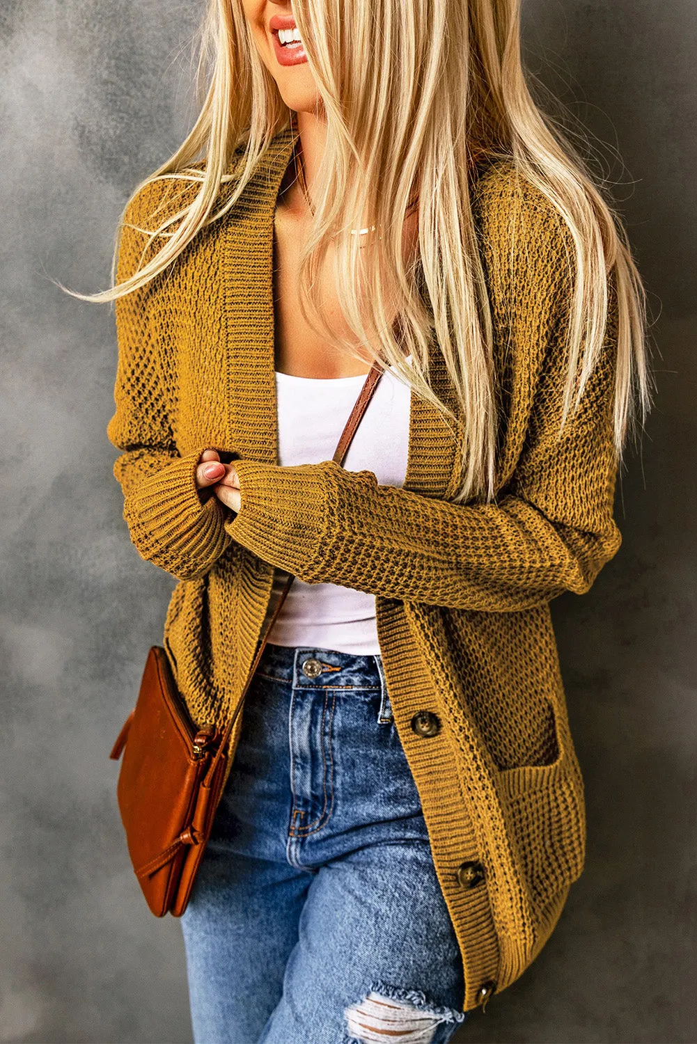 White Label Drop Shoulder Button Down Pocketed Knit V Neck Cardigan Mustard or Green