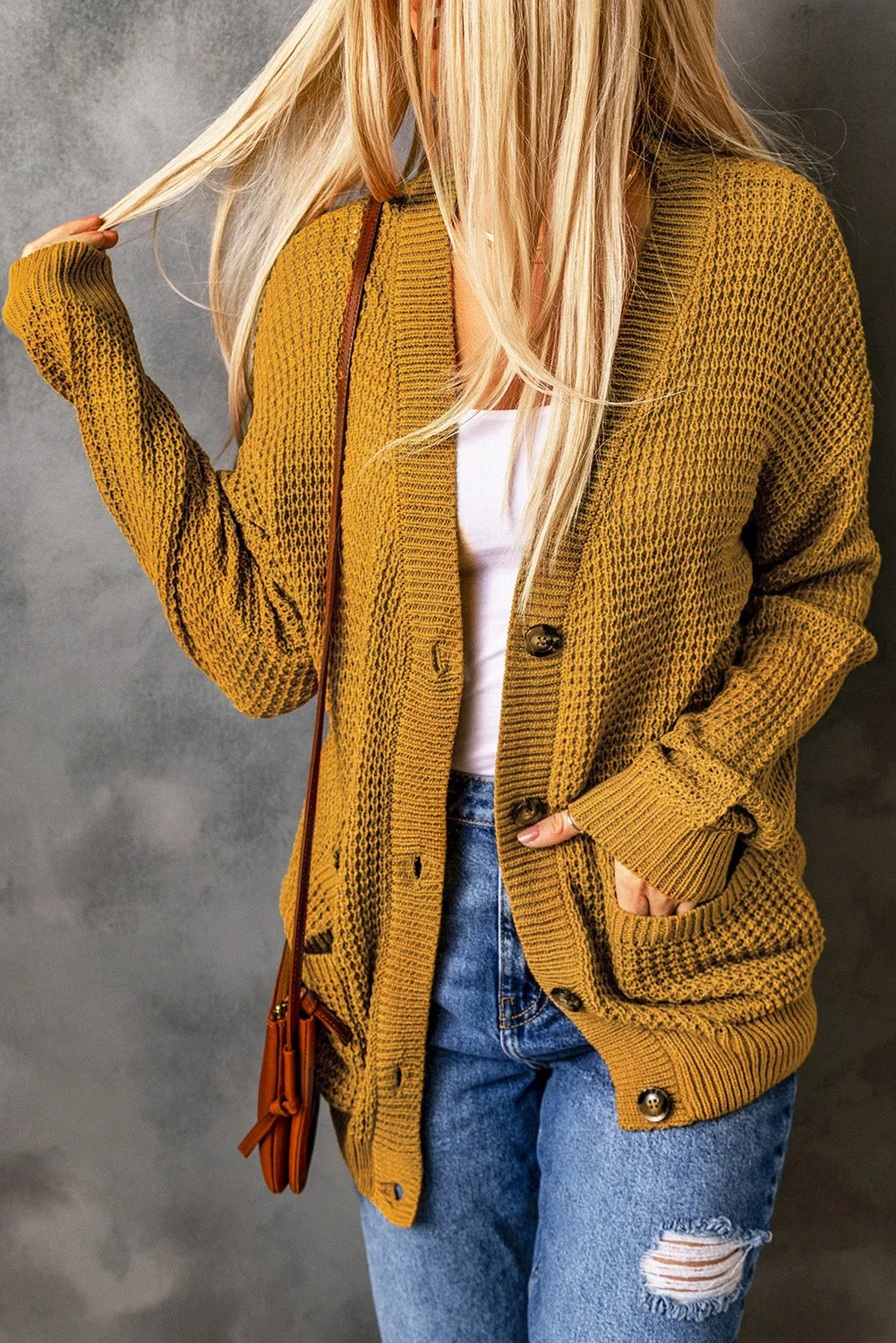 White Label Drop Shoulder Button Down Pocketed Knit V Neck Cardigan Mustard or Green