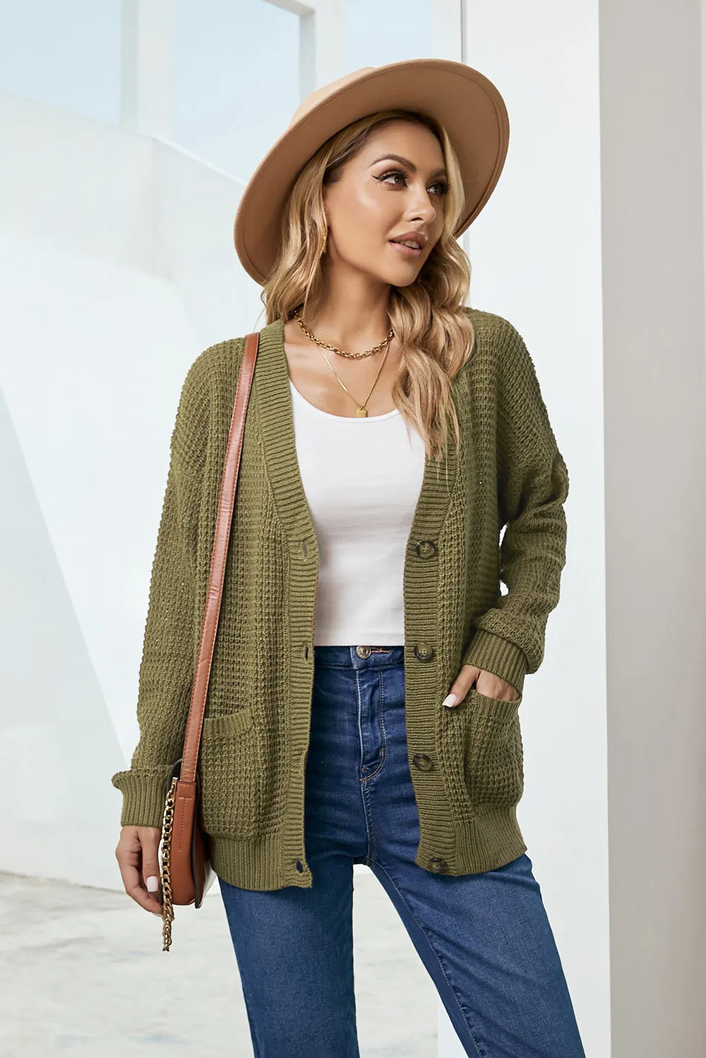 White Label Drop Shoulder Button Down Pocketed Knit V Neck Cardigan Mustard or Green
