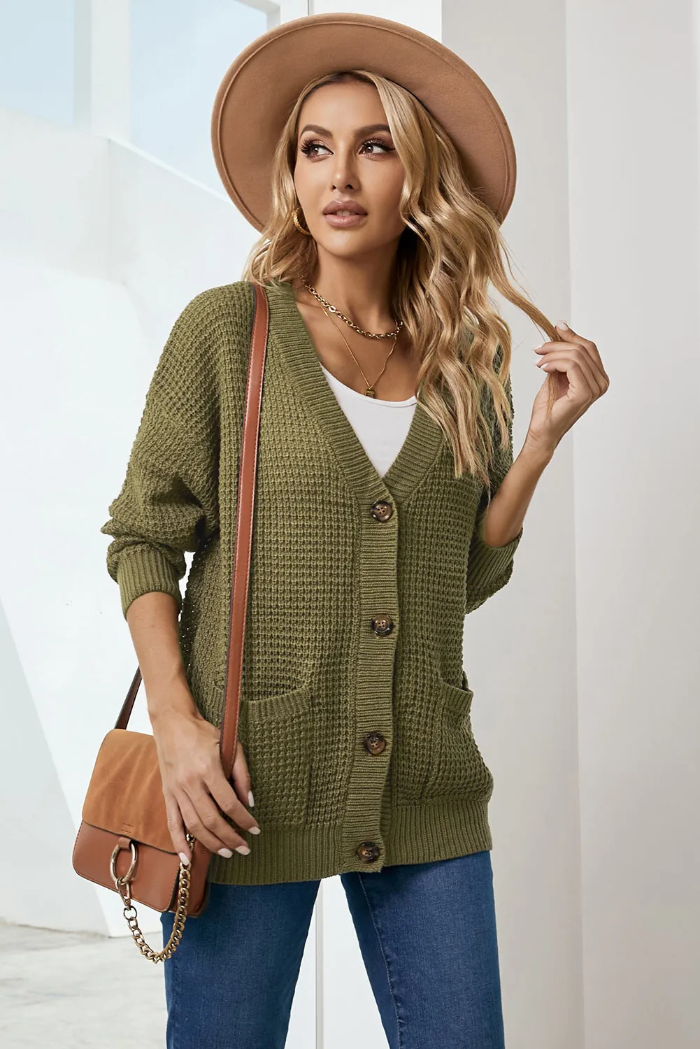 White Label Drop Shoulder Button Down Pocketed Knit V Neck Cardigan Mustard or Green